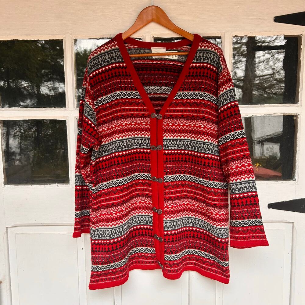 Vintage Fashion Bug Fair Isle Nordic Long Cardigan Red Black Size 18/20
